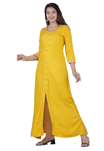 Stylish Front Slit Long Kurta With Gota Yellow