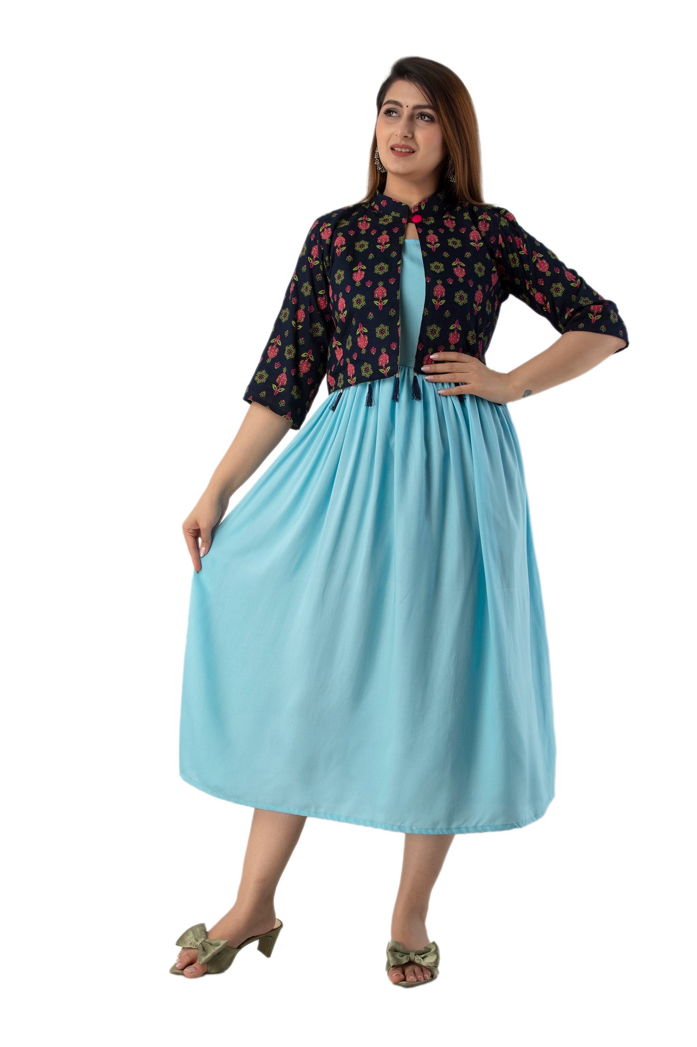 Rayon Sleeve Less Kurti With Printed Jacket