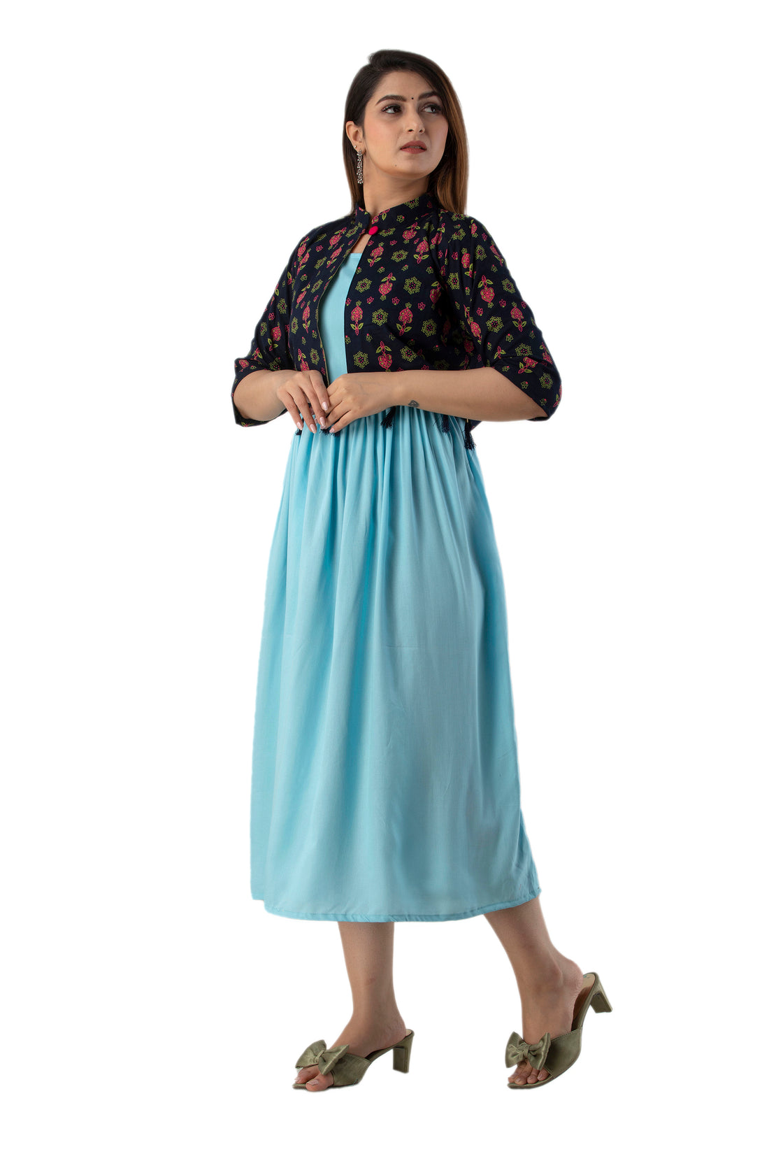 Rayon Sleeve Less Kurti With Printed Jacket