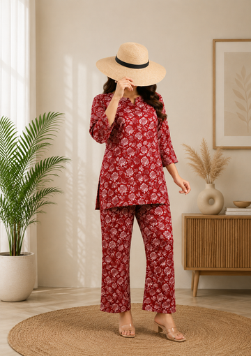 Women's Red Floral Printed Co-ord Set, Tunic Top with Palazzo Pants, Casual Ethnic Wear