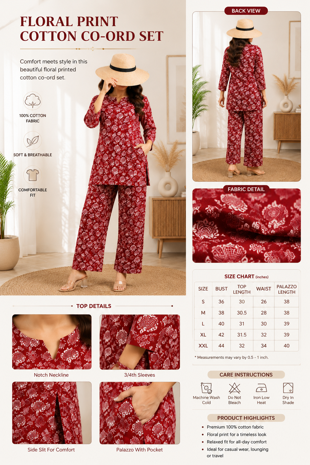 Women's Red Floral Printed Co-ord Set, Tunic Top with Palazzo Pants, Casual Ethnic Wear