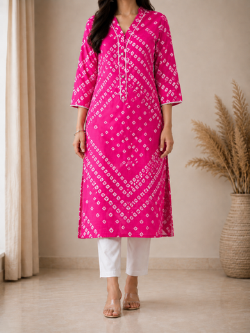 Women's kota doriya Bandhani Print Kurta, Collar with 3/4 Sleeves, Ethnic Wear with White Plazo Pant