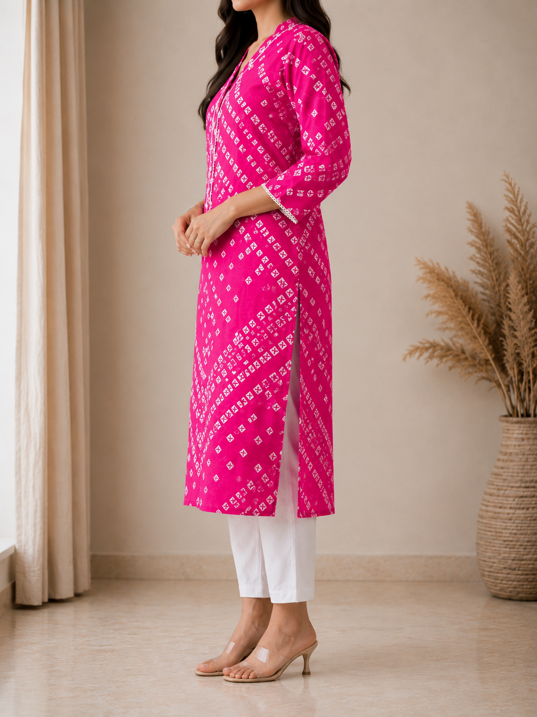 Women's kota doriya Bandhani Print Kurta, Collar with 3/4 Sleeves, Ethnic Wear with White Plazo Pant