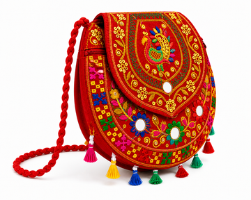 Embroidered Sling Bag, Rajasthani Style, Design with Mirror Work and Colourful Tassels Festivals, Weddings & Party
