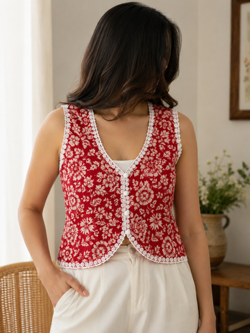 Women's Red Floral Print Sleeveless Vest Top with White Lace Trim and Button Front