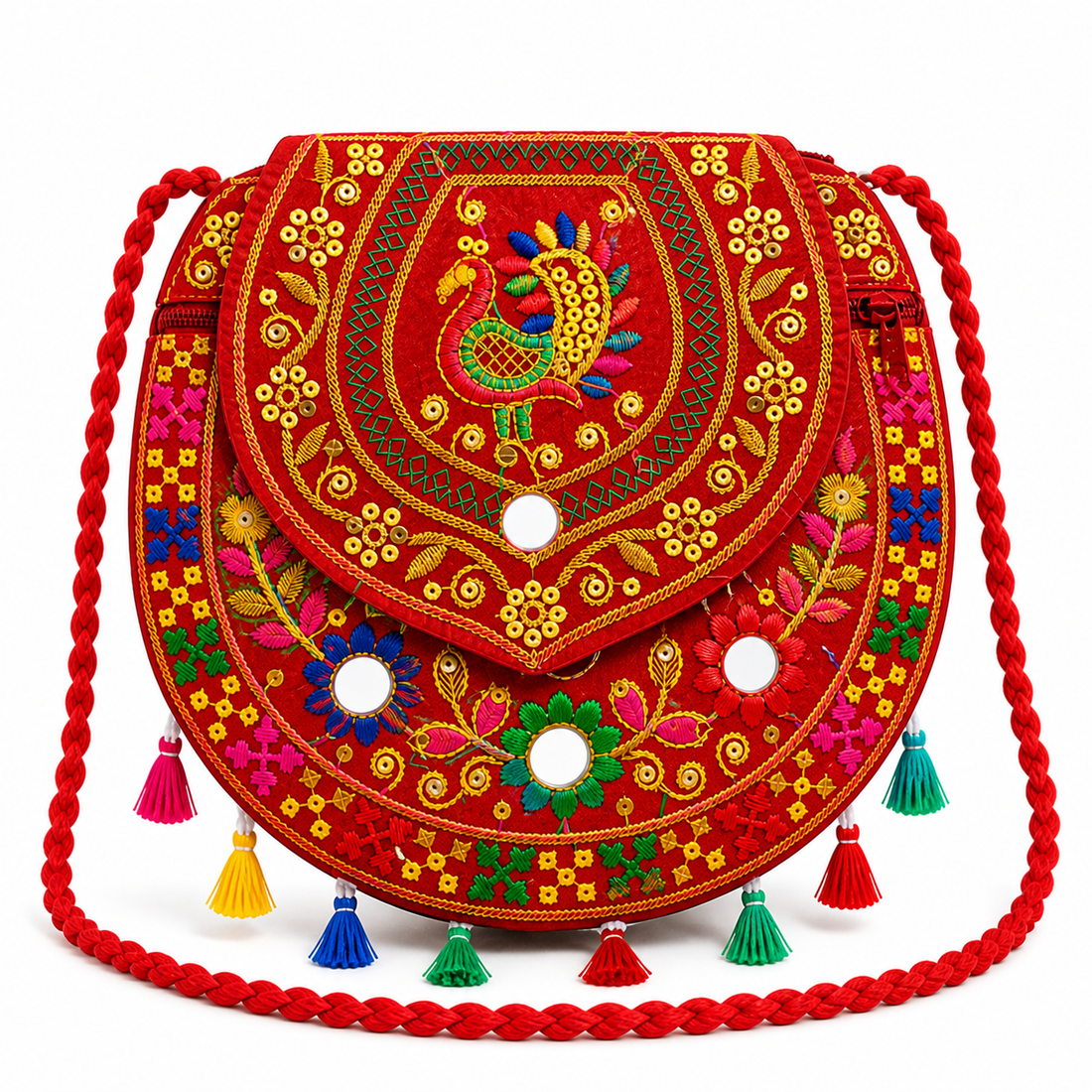 Embroidered Sling Bag, Rajasthani Style, Design with Mirror Work and Colourful Tassels Festivals, Weddings & Party