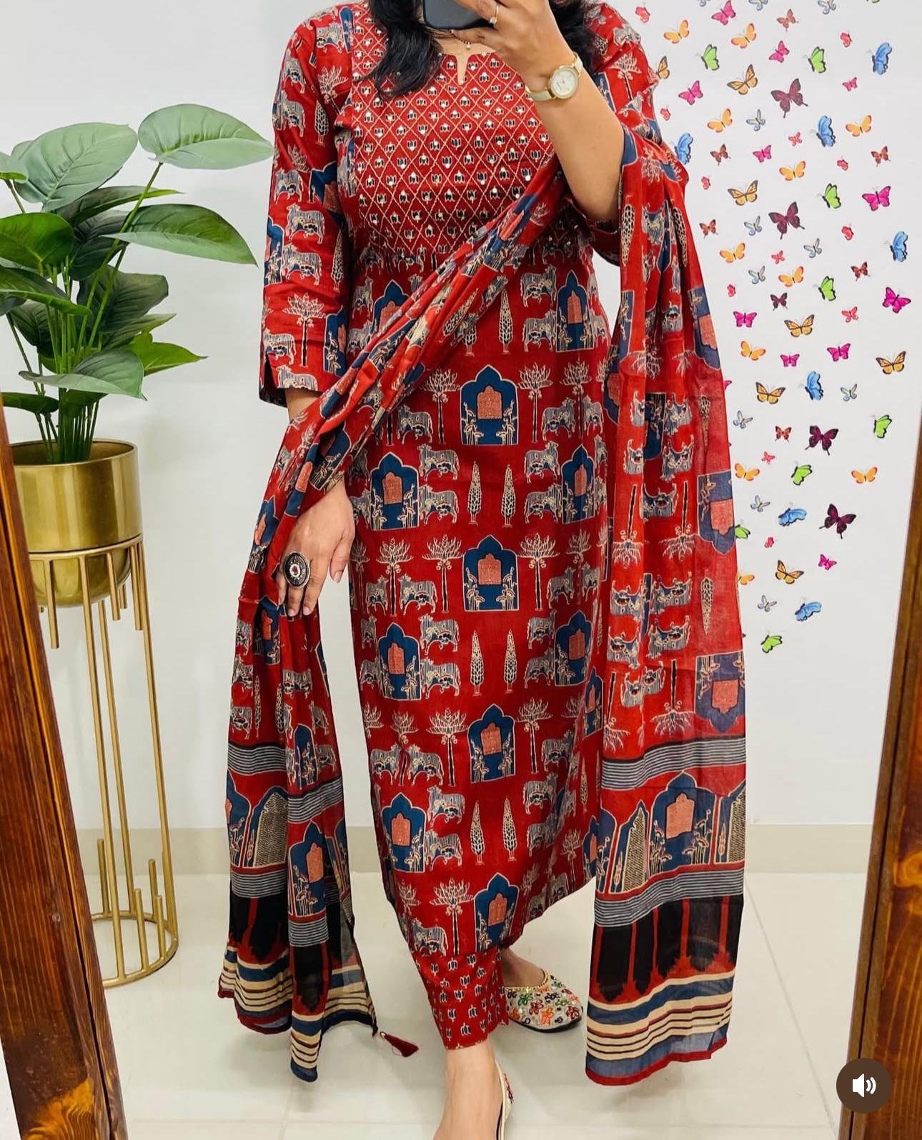 Printed Cotton Suit Set With Dupatta