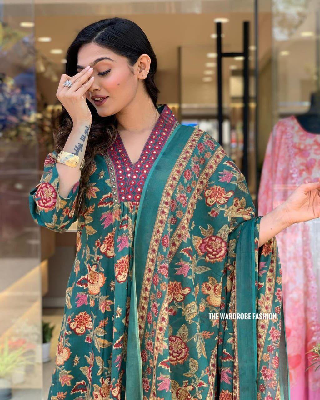 Soft Printed Cotton Kurti Pant Set With Printed Dupatta