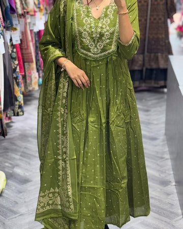 Anarkali cotton kurti pant set with dupatta for women