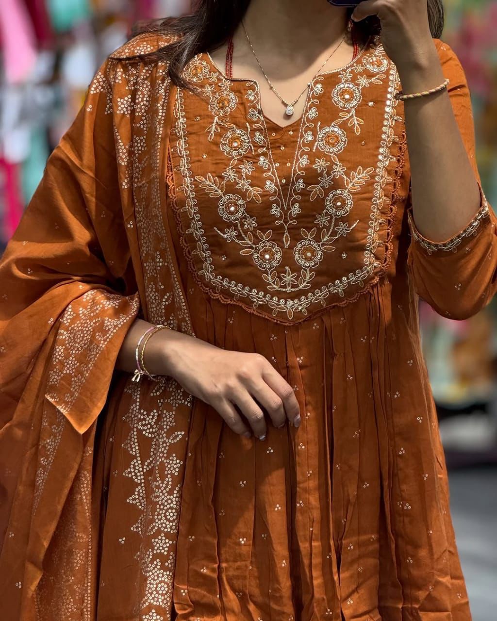 Anarkali cotton kurti pant set with dupatta for women