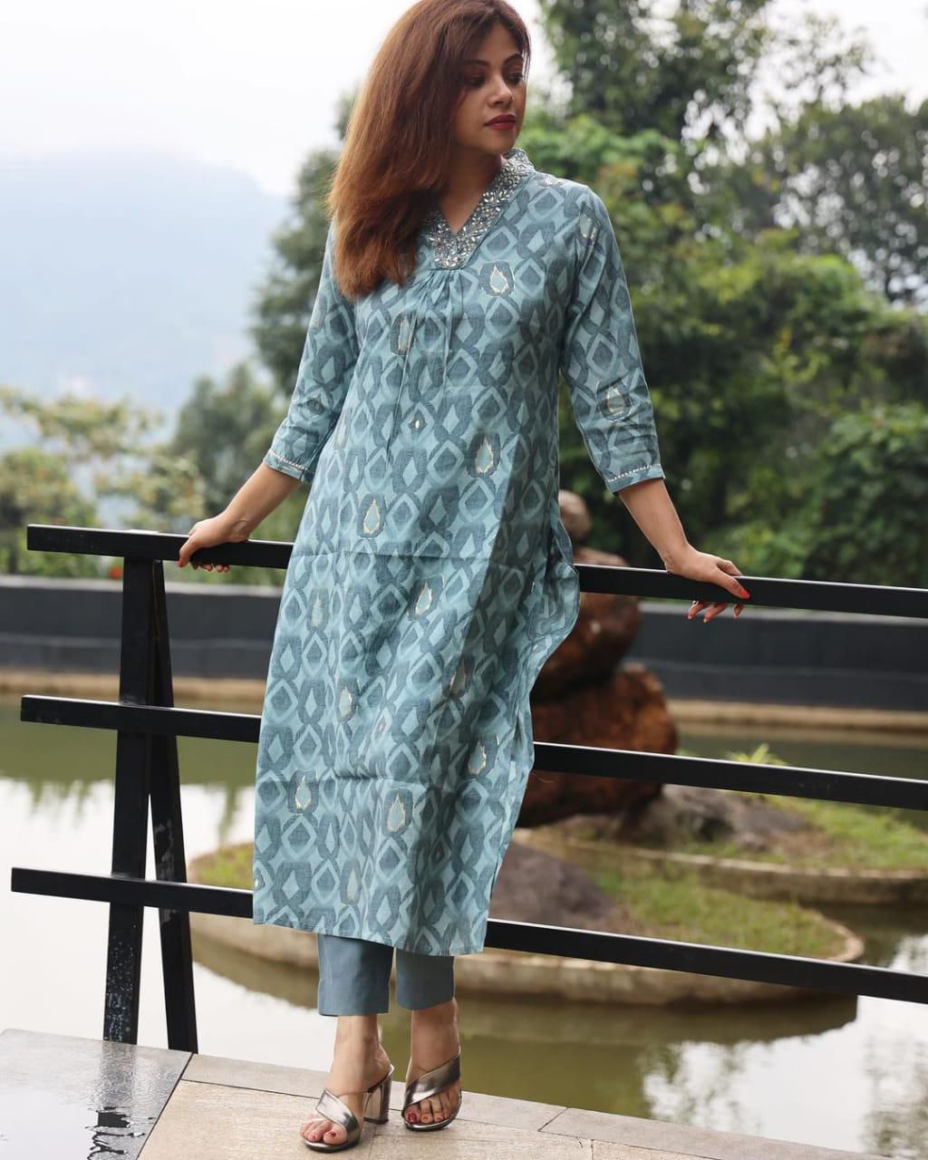 Printed cotton kurti with pant set