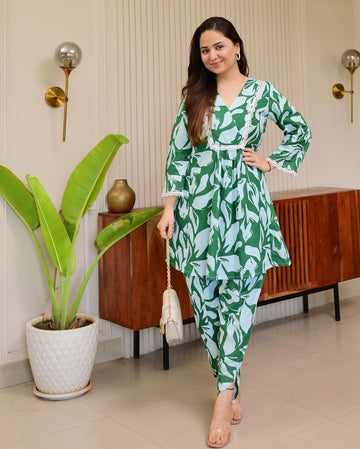 Printed Cotton Flared Kurti With Dhoti