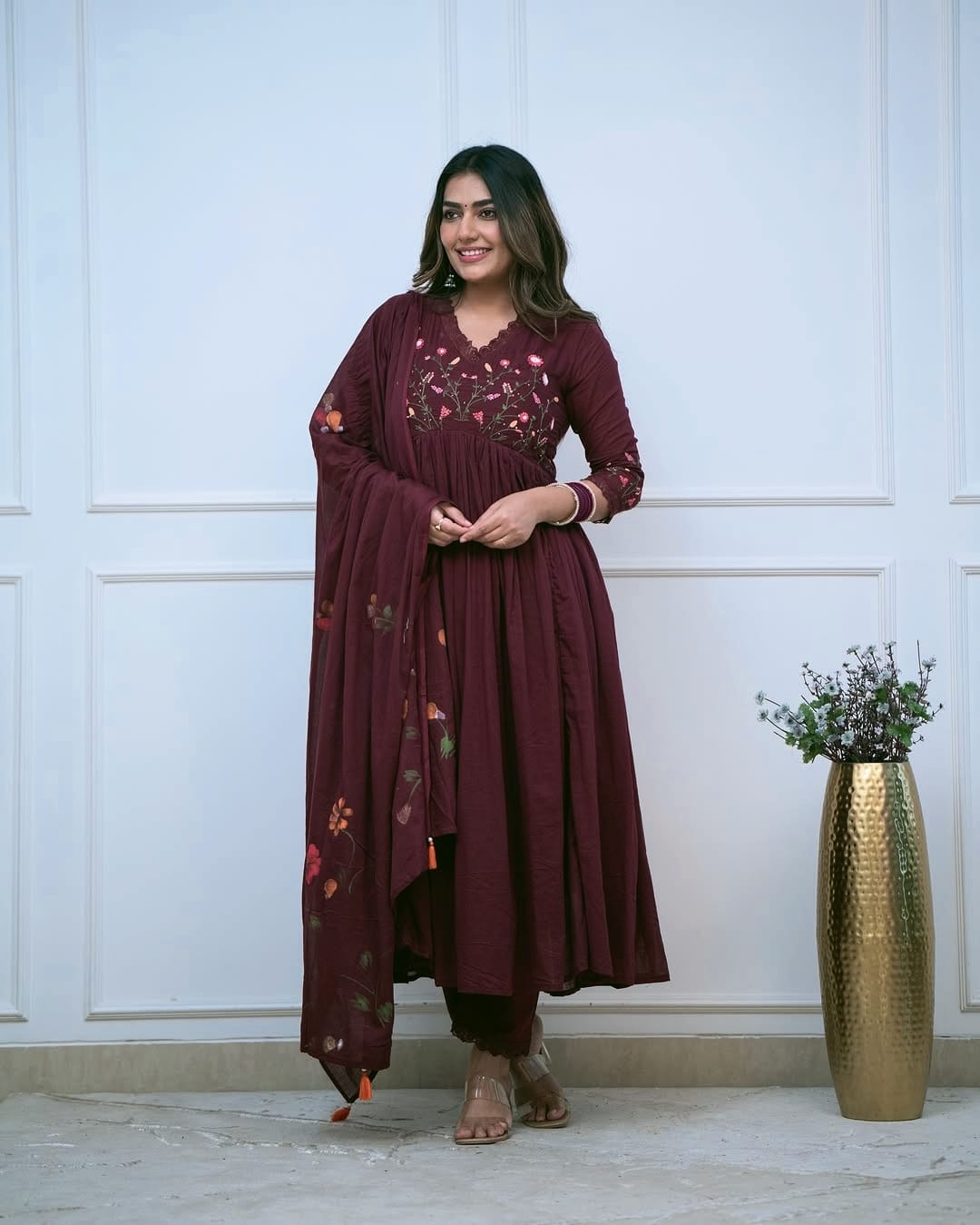 Anarkali Style  Embrioderd Cotton  Kurti Set With Malmal Dupatta