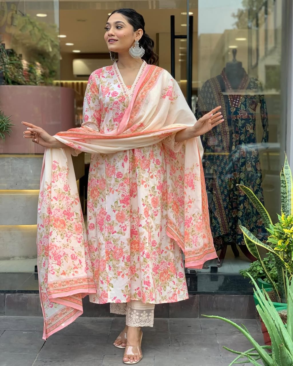 Floral Print White and Pink, V-Neck with Lace Detail, Traditional Indian Pure Cotton Mughal Butta Print Anarkali Kurti Paired with Cotton Pants Dress Set with Dupatta
