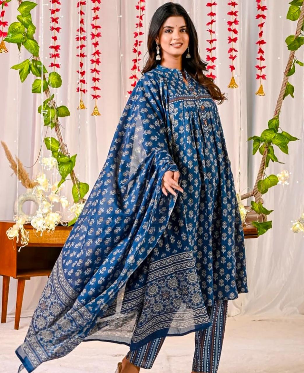 Women's Hand work Jaipur  Print Cotton Anarkali Kurta with Two Side Pocket , pant and dupatta Set Traditional Indian Ethnic Wear