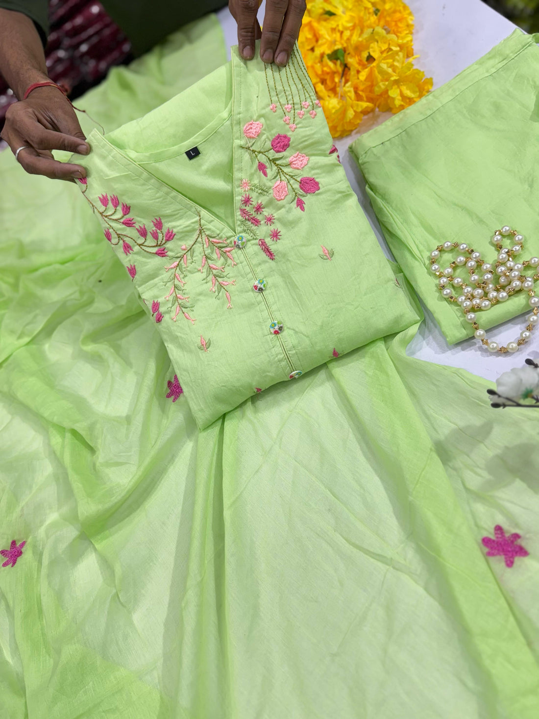 Mul cotton embroided  kurti ,pant with dupatta set for women