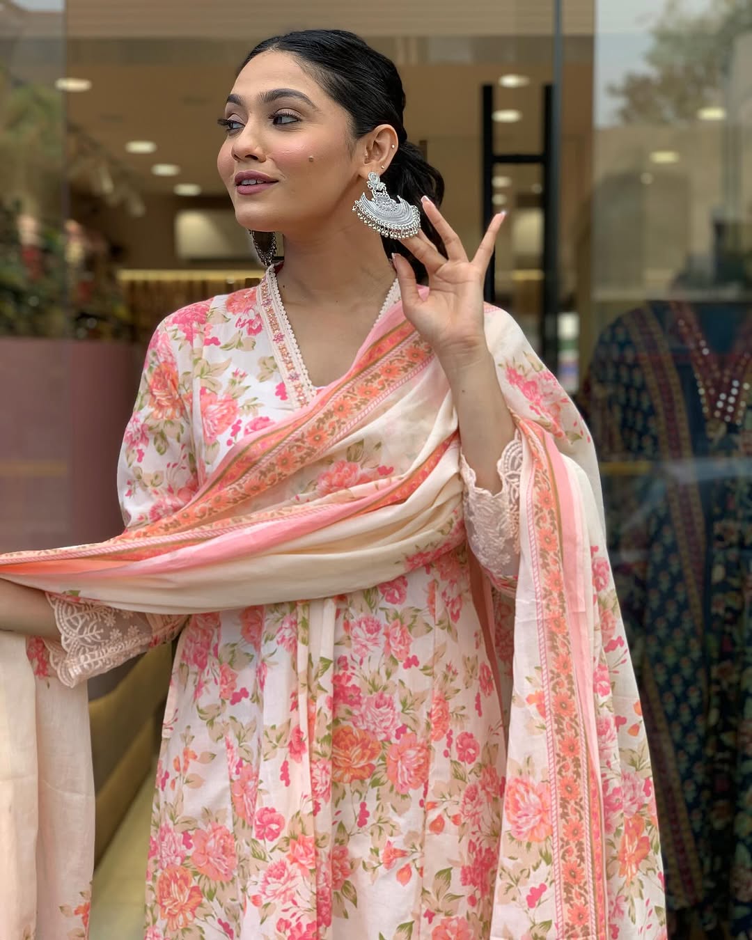 Floral Print White and Pink, V-Neck with Lace Detail, Traditional Indian Pure Cotton Mughal Butta Print Anarkali Kurti Paired with Cotton Pants Dress Set with Dupatta